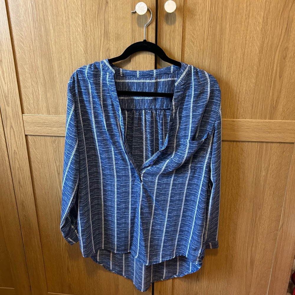V neck navy blue and white striped roll up sleeve button down Henley blouse